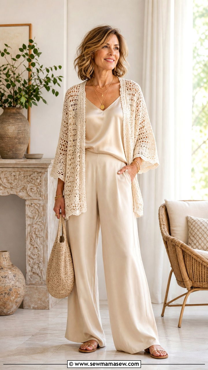 Crochet cardigan over silk camisole and trousers spring outfit - 40 Spring outfit ideas for women over 40 2026