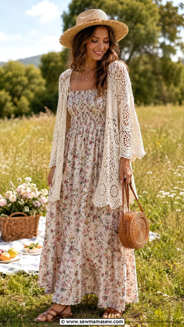 Crochet cardigan with floral maxi dress - 30 Spring outfits with cardigan