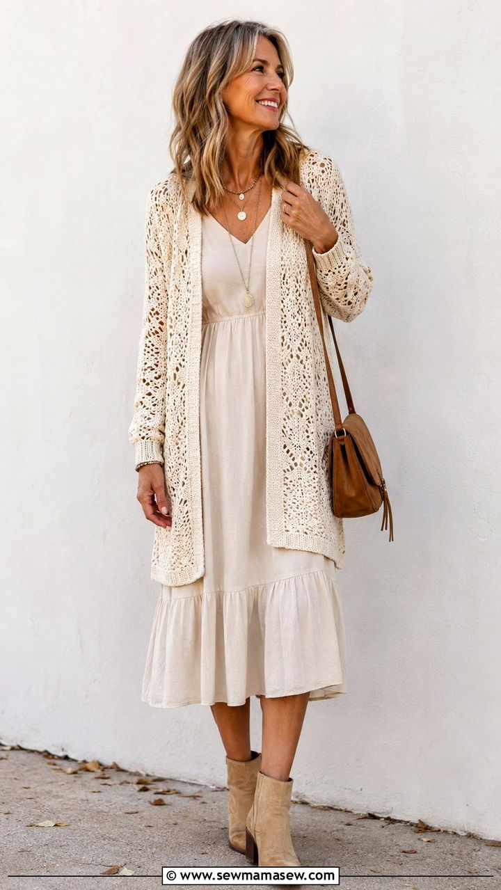 Crochet cardigan with midi dress - 30 Boho outfits for women over 50