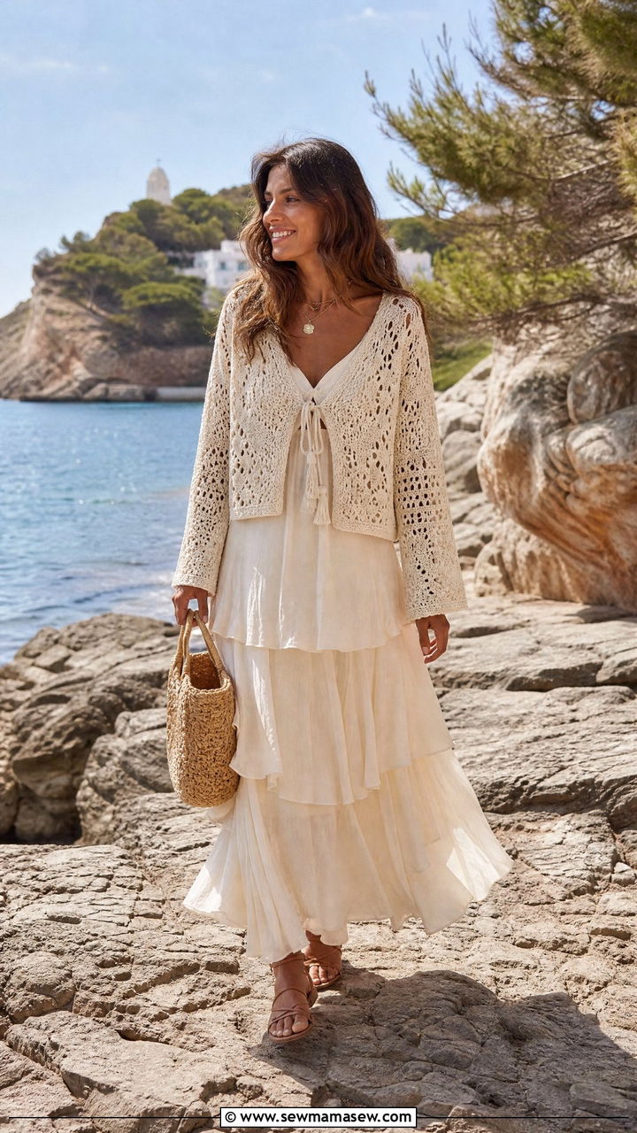 Crochet cardigan with ruffled maxi dress and sandals - 30 Maxi dress outfit ideas with a jacket