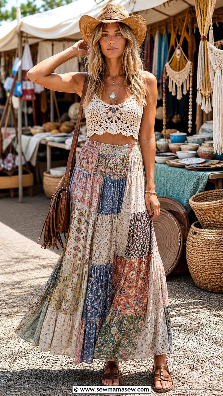 Crochet crop top with patchwork maxi skirt and leather sandals - 40 Western summer outfits