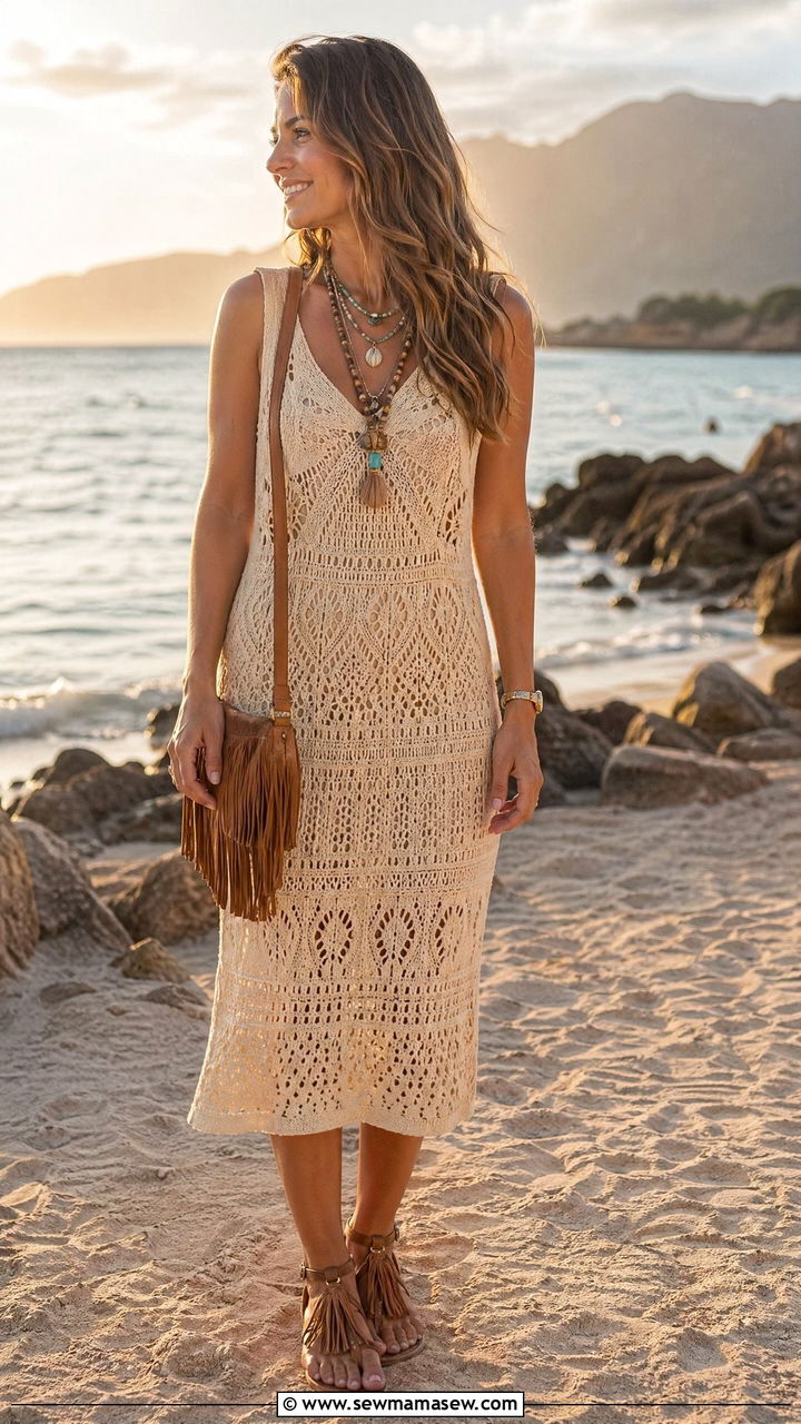Crochet dress and sandals for summer vacation - 35 Family vacation outfit ideas