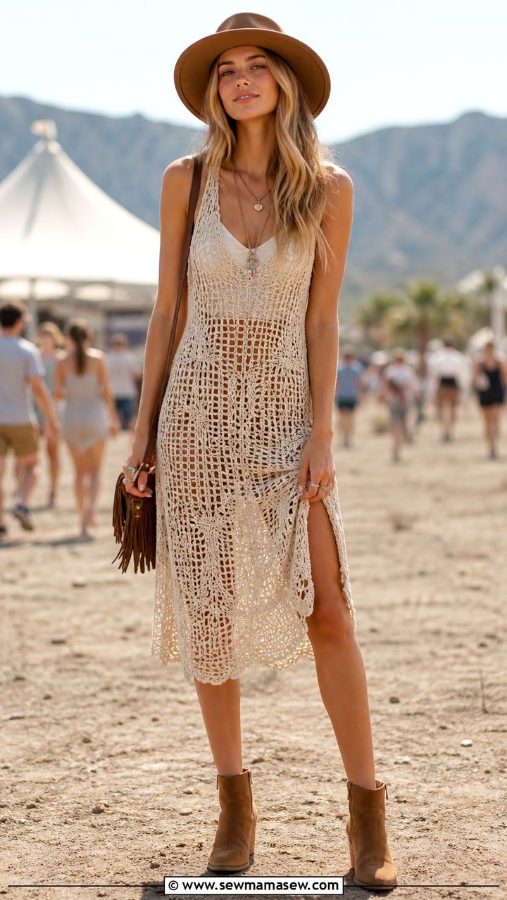 Crochet dress layered over slip with suede ankle boots - 40 Western summer outfits