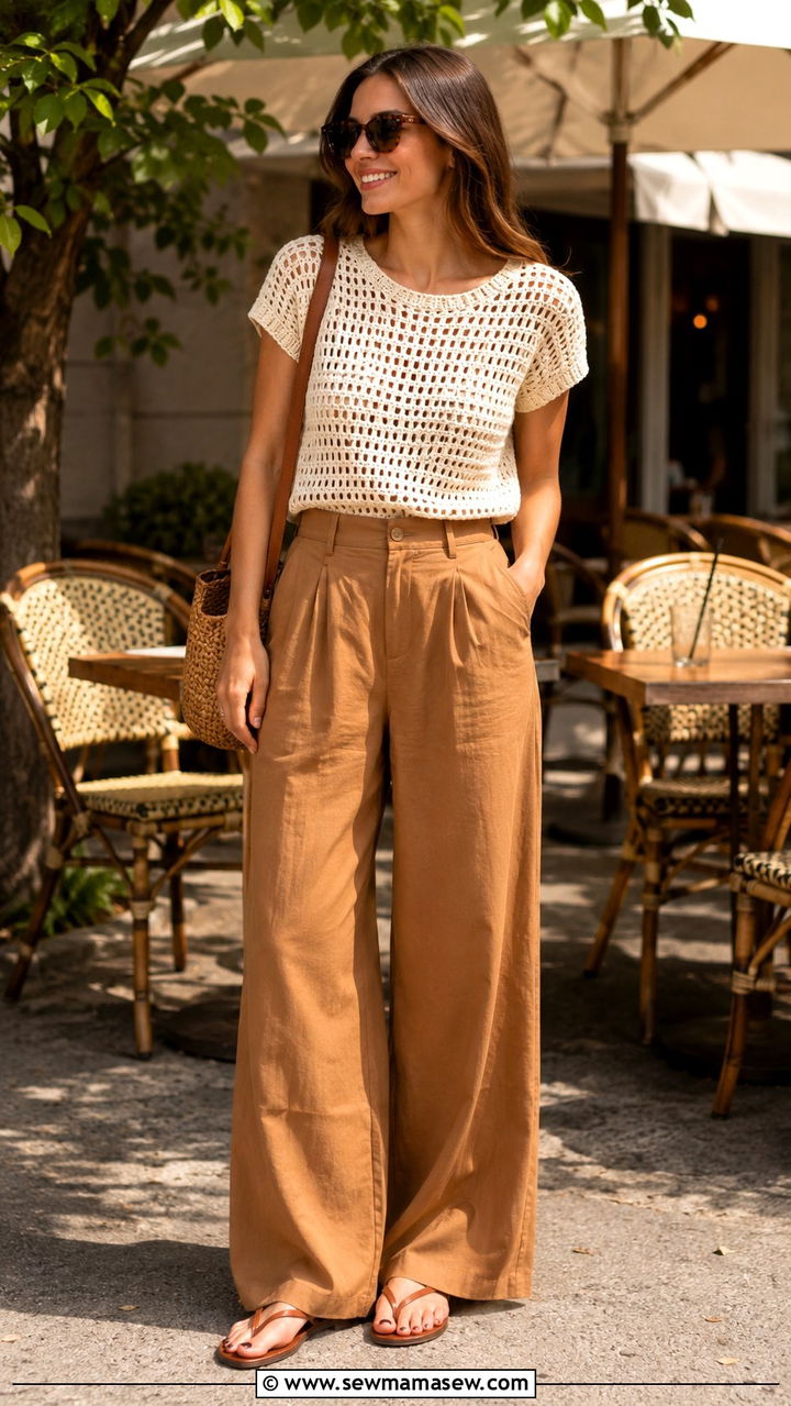 Crochet knit top and wide leg trousers - 20 summer outfits 2026 women to copy