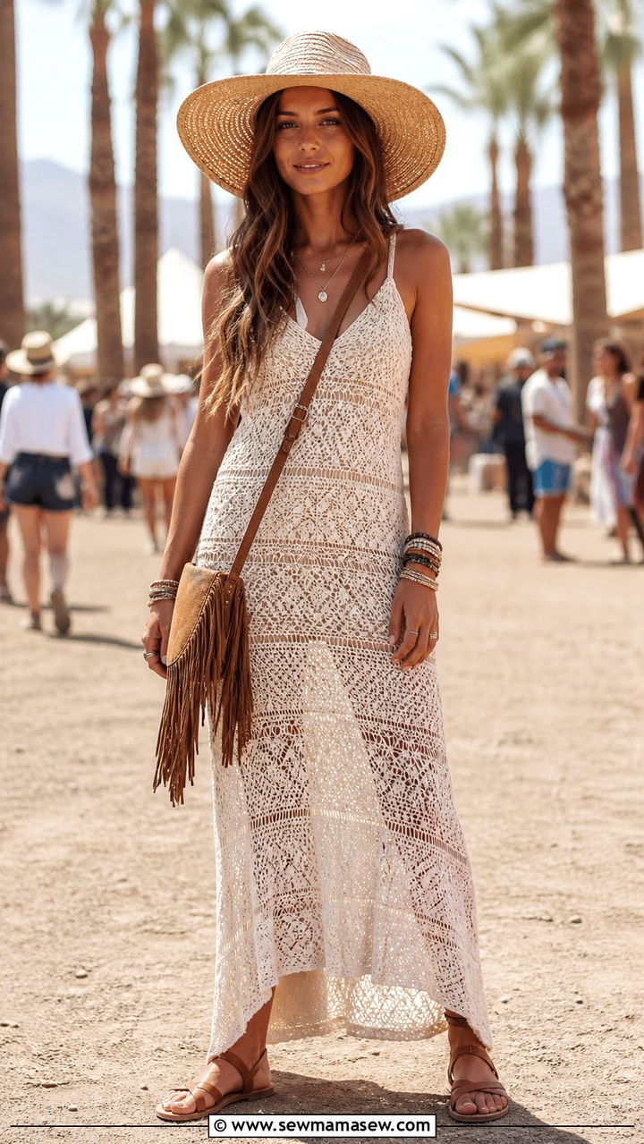 Crochet maxi dress with flat sandals - 40 Hot weather festival outfit ideas