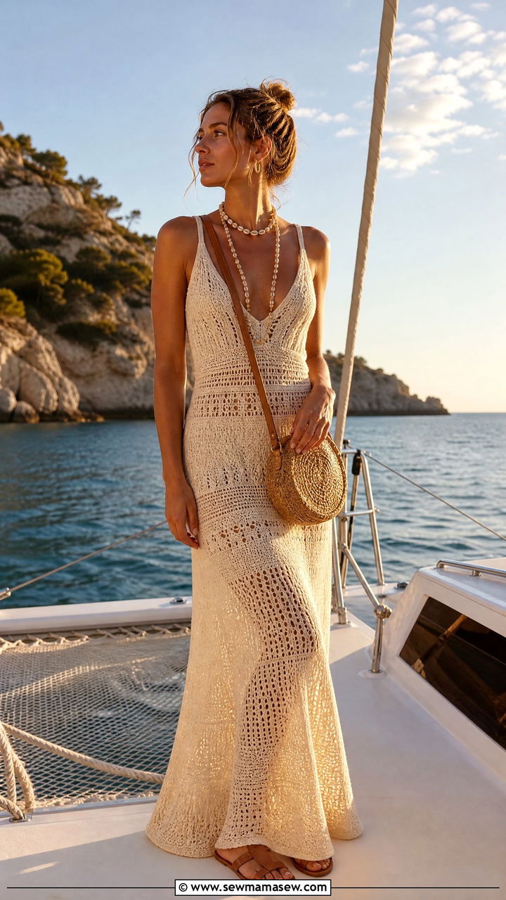 Crochet maxi dress with shell jewelry - 30 Summer boat day outfit ideas