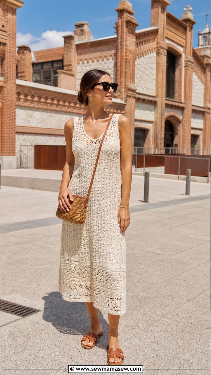 Crochet midi dress with flat sandals and oversized sunglasses - 40 What to wear in Madrid