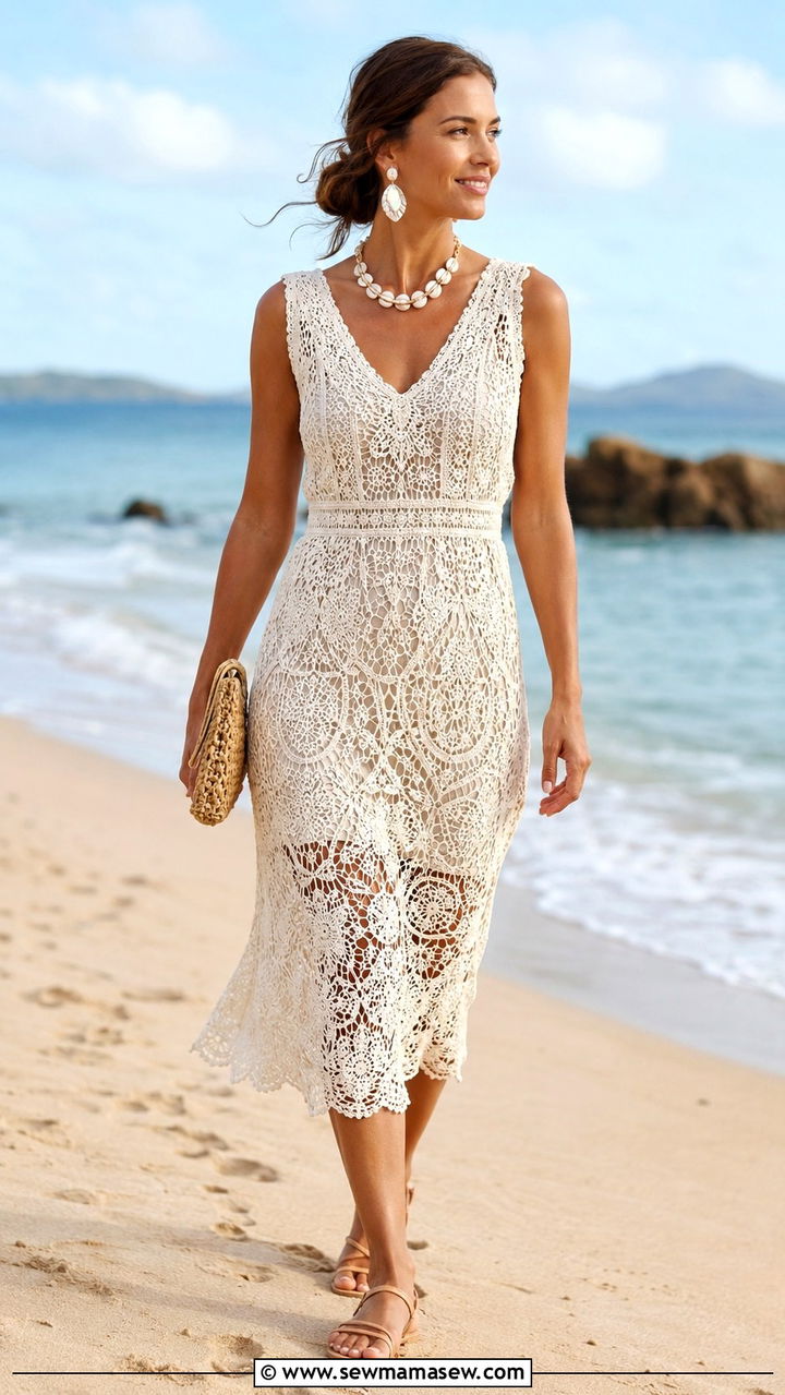 Crochet overlay midi dress with shell accessories beach wedding - 25 Beach formal wedding guest outfit ideas