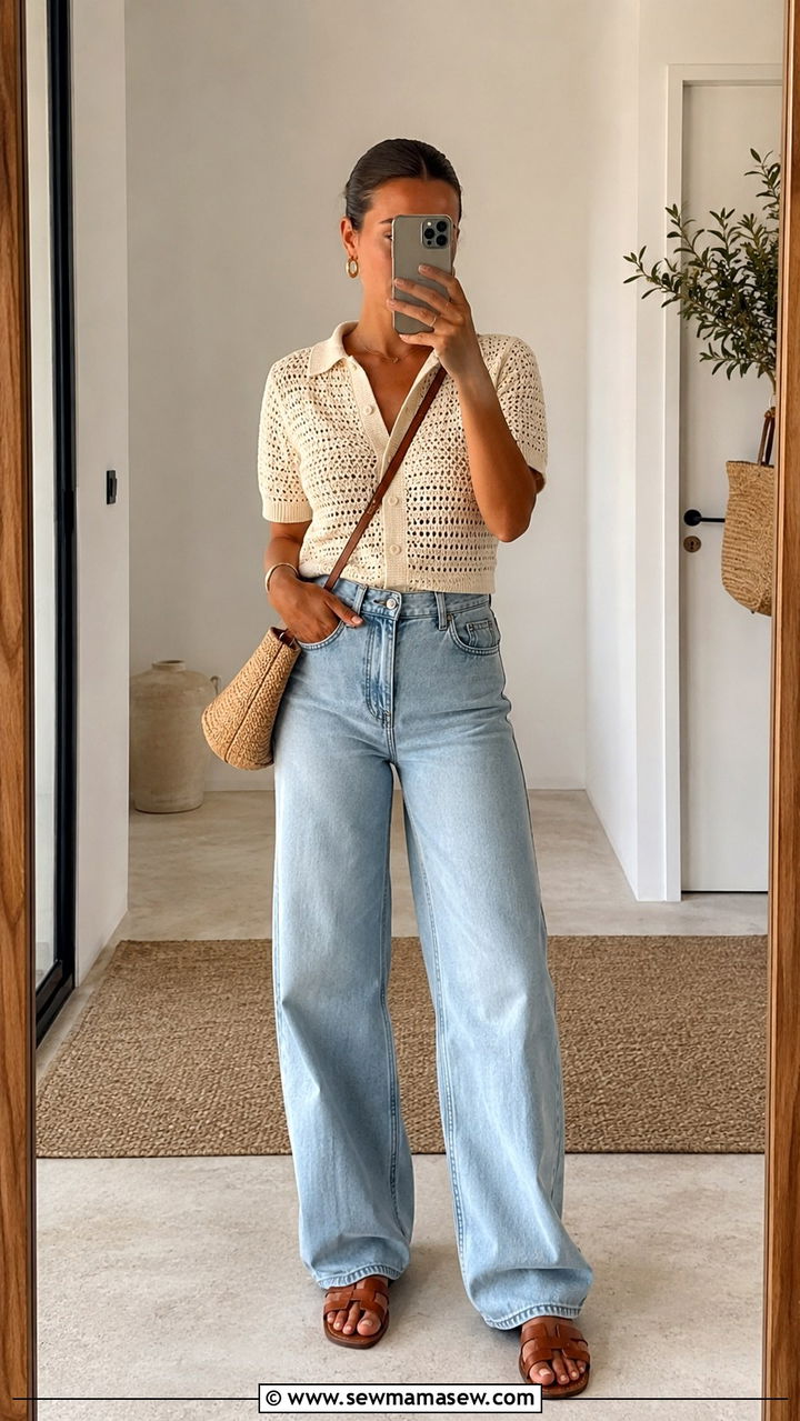 Crochet polo top and wide leg jeans - 20 Summer wardrobe essentials 2026