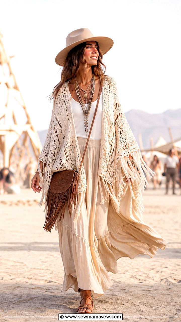 Crochet poncho over a maxi skirt and tank - 40 festival outfits ideas