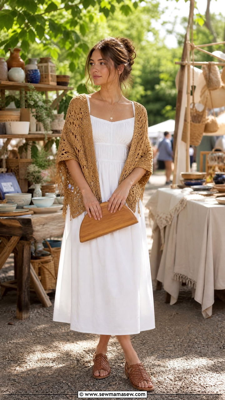 Crochet shawl draped over summer dress - 25 classy cottagecore outfit ideas
