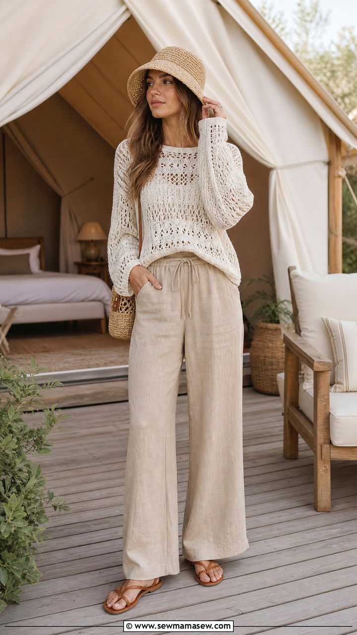 Crochet sweater and linen pants camping outfit - 25 Camping trip outfit ideas