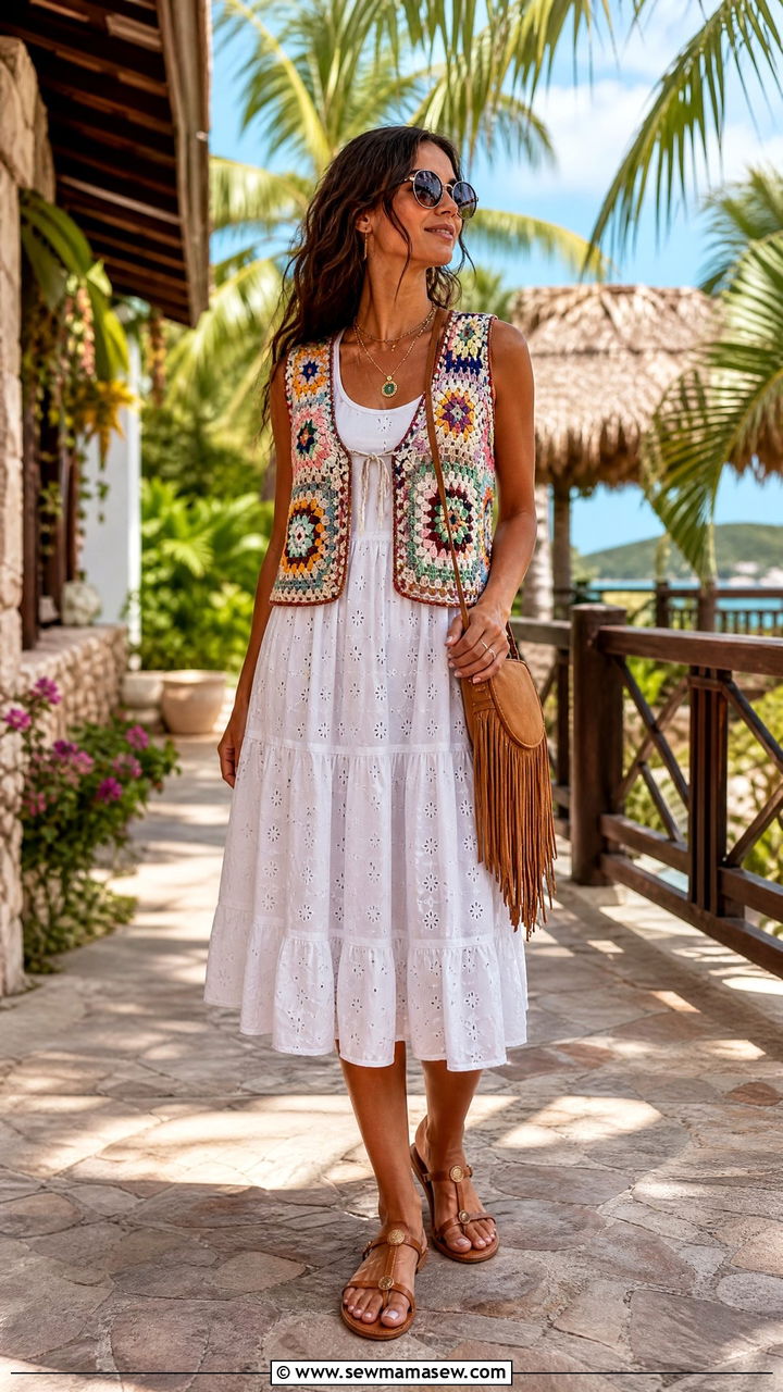 Crochet sweater vest over sundress summer outfit - 30 Summer outfits with sweater vests