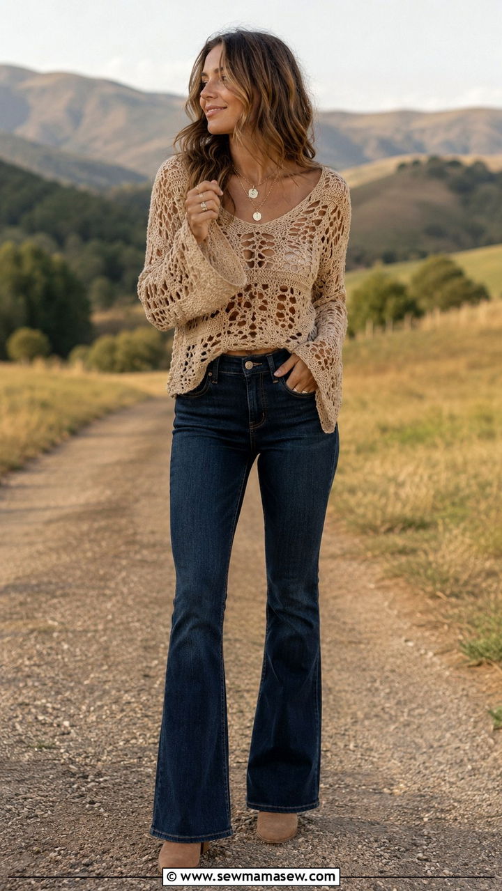 Crochet sweater with flared jeans and suede boots - 25 Boho outfit ideas with jeans