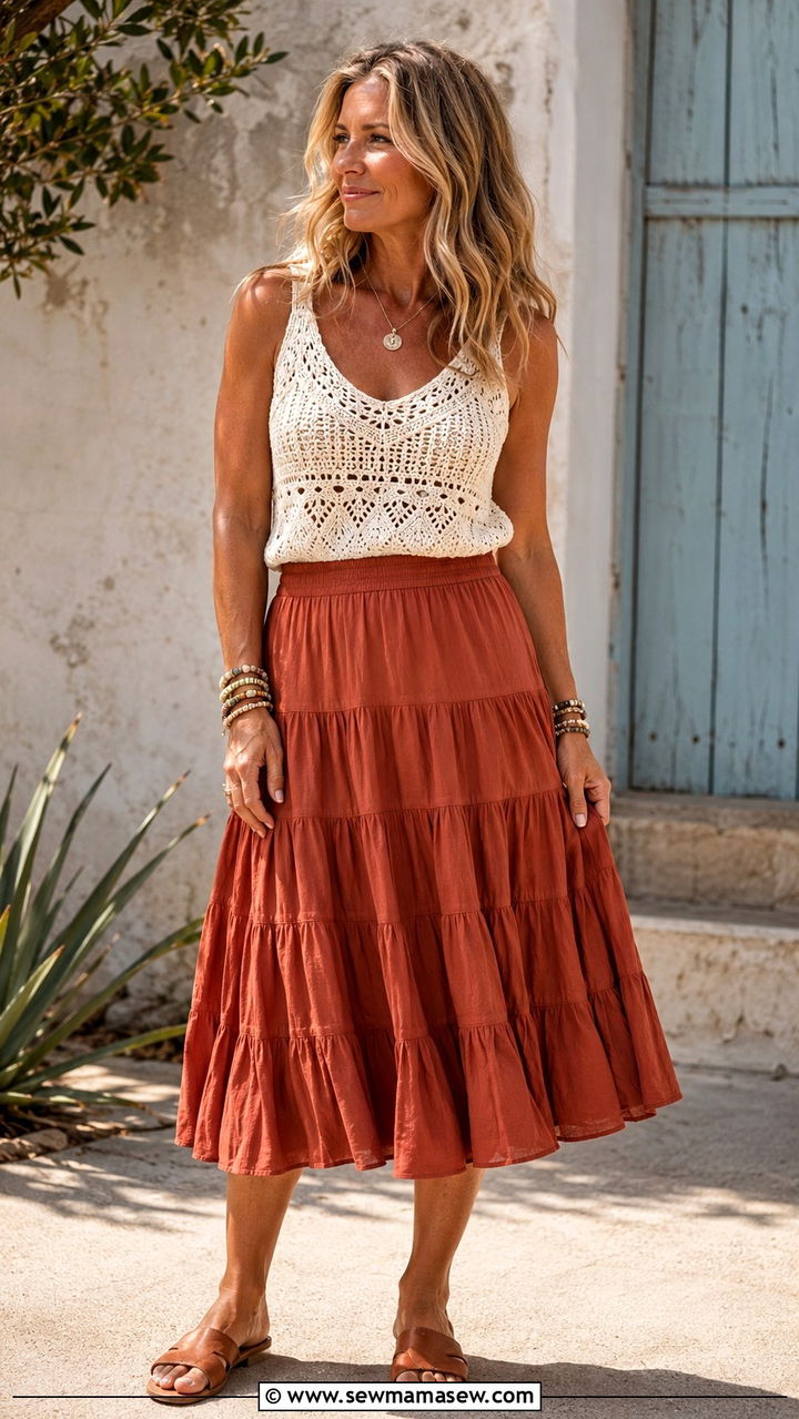 Crochet tank top with tiered midi skirt - 30 Boho outfits for women over 50