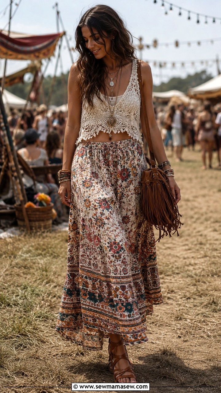 Crochet top and boho maxi skirt - 30 Spring outfits with maxi skirts