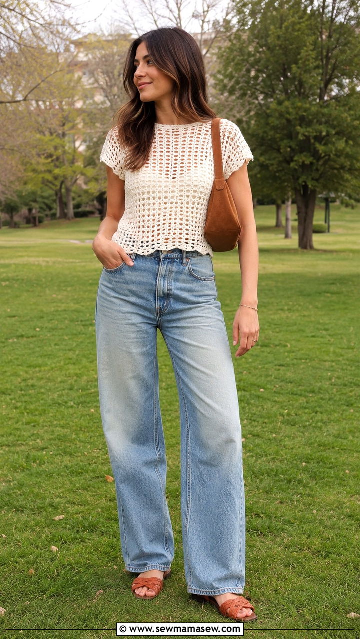 Crochet top and wide leg jeans outfit - 30 spring college outfit ideas
