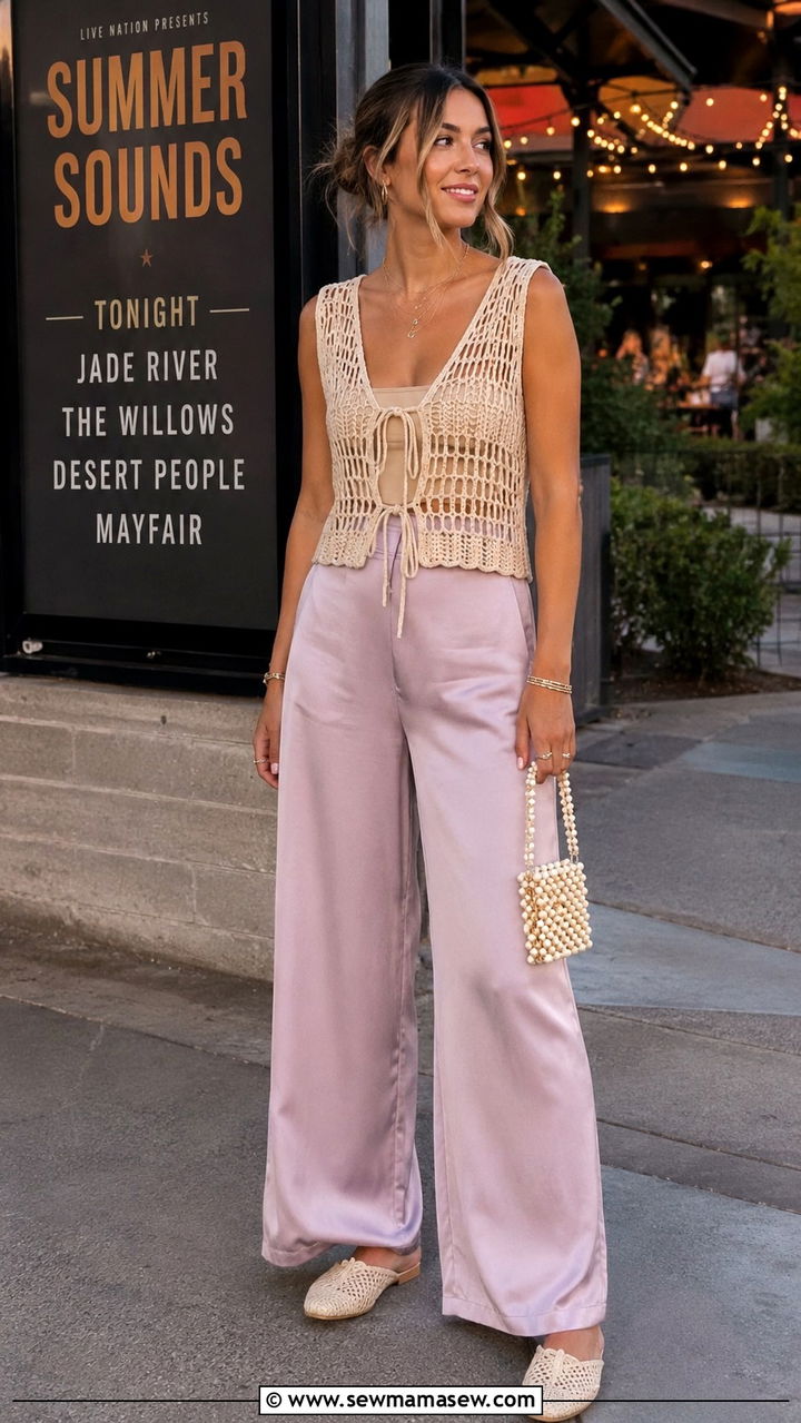 Crochet top over a cami with flowy pants - 30 Heat wave outfit ideas