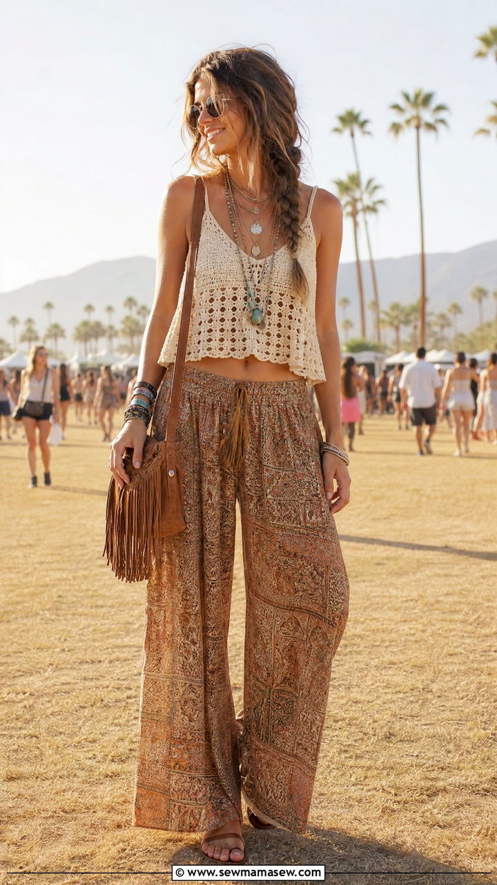 Crochet top with boho palazzo pants - 25 chic palazzo pants outfit ideas