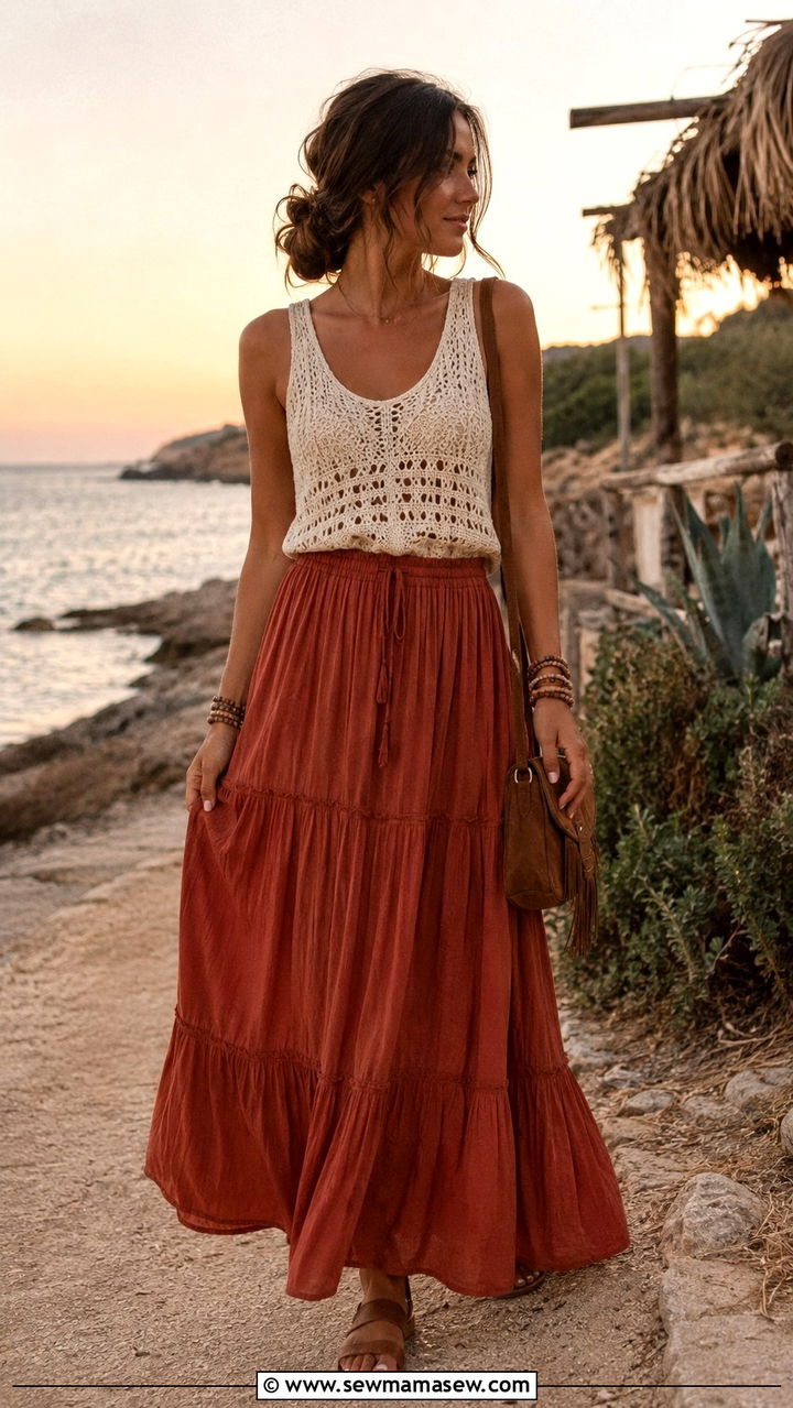 Crochet top with flowy maxi skirt - 25 Balmy evening outfit ideas