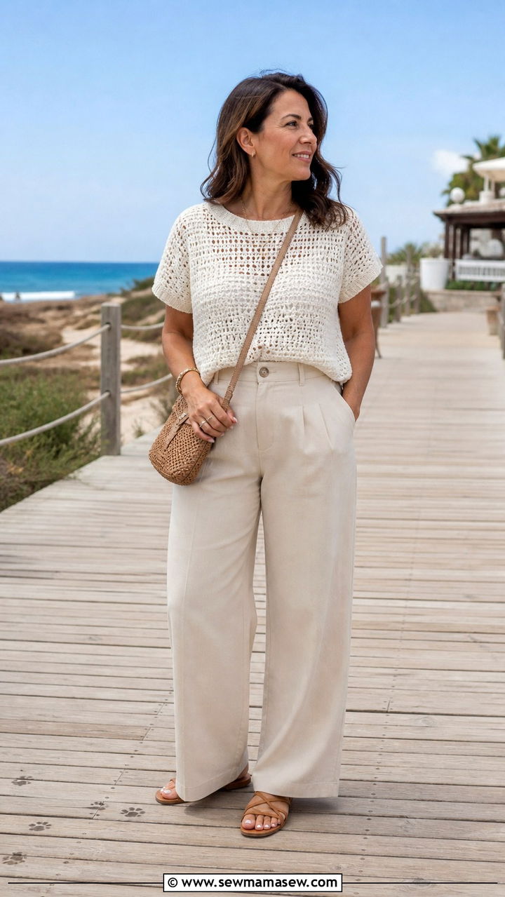 Crochet top with high waist trousers - 40 spring outfit ideas for women over 40