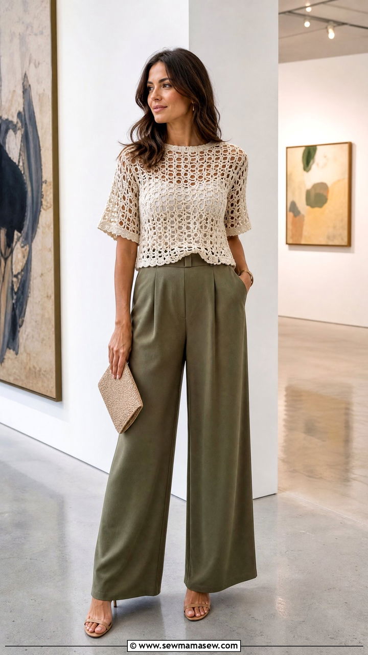 Crochet top with high waisted wide leg trousers - 30 summer office party outfit ideas