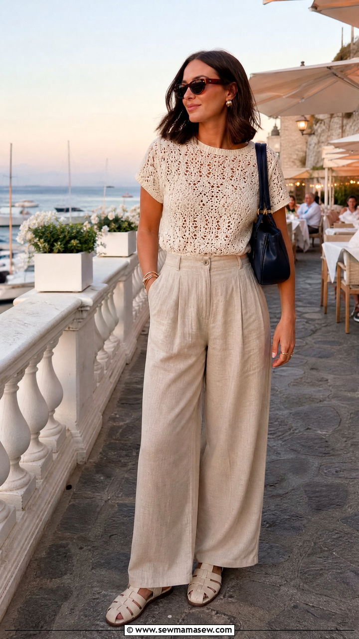 Crochet top with linen trousers - 30 summer nautical outfit ideas