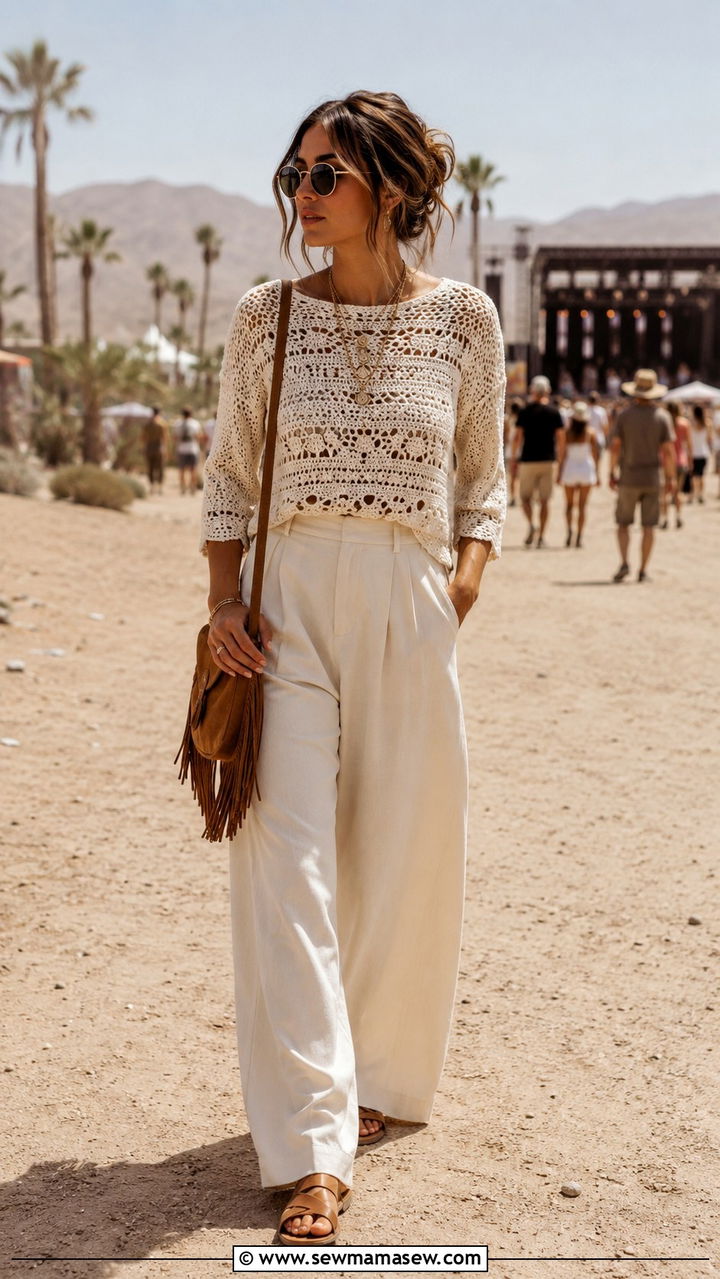 Crochet top with wide leg trousers and flat sandals - 30 modest summer concert outfit ideas