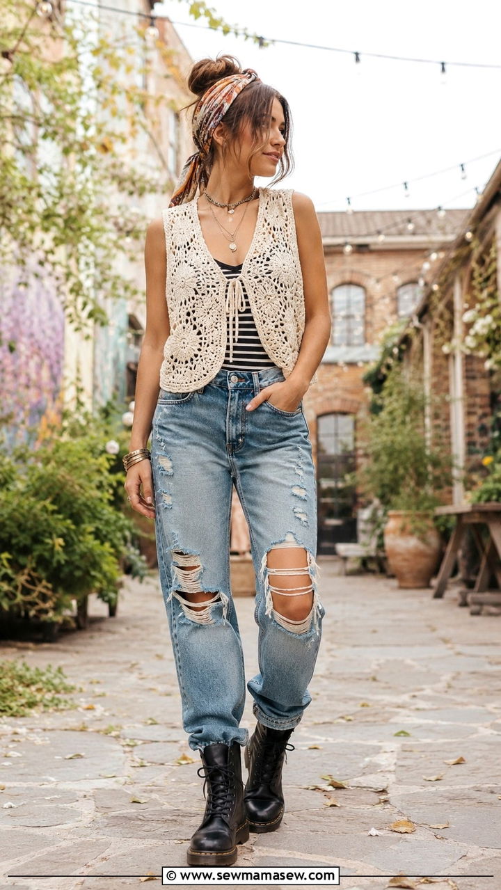 Crochet vest and distressed jeans outfit - 30 Spring outfits for college girls
