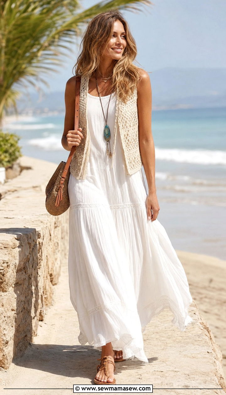 Crochet vest and maxi dress outfit - 25 classy western outfit ideas
