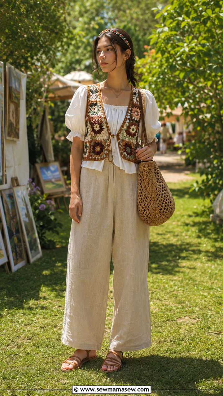 Crochet vest over a puff sleeve blouse - 30 Indie girl outfit ideas