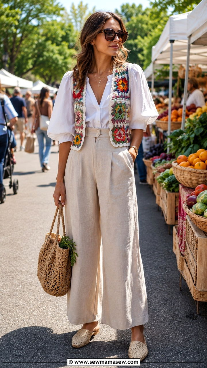 Crochet vest over puff sleeve blouse with wide leg pants - 20 Eclectic grandpa outfit ideas 2026