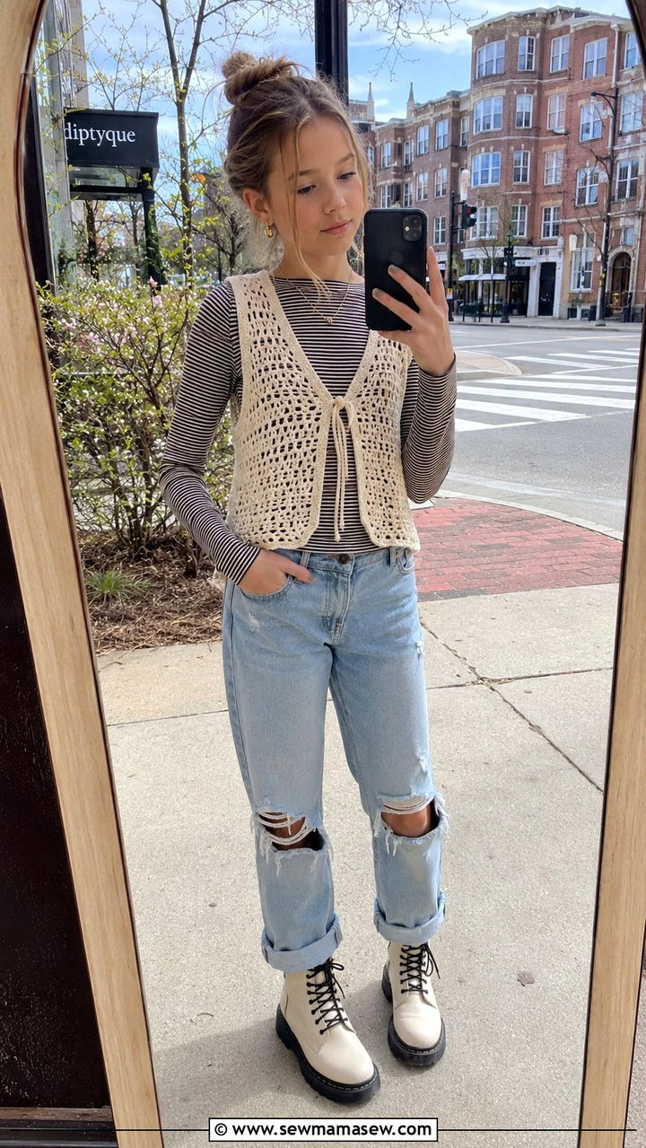 Crochet vest with distressed jeans and combat boots - 30 Spring outfits for tweens