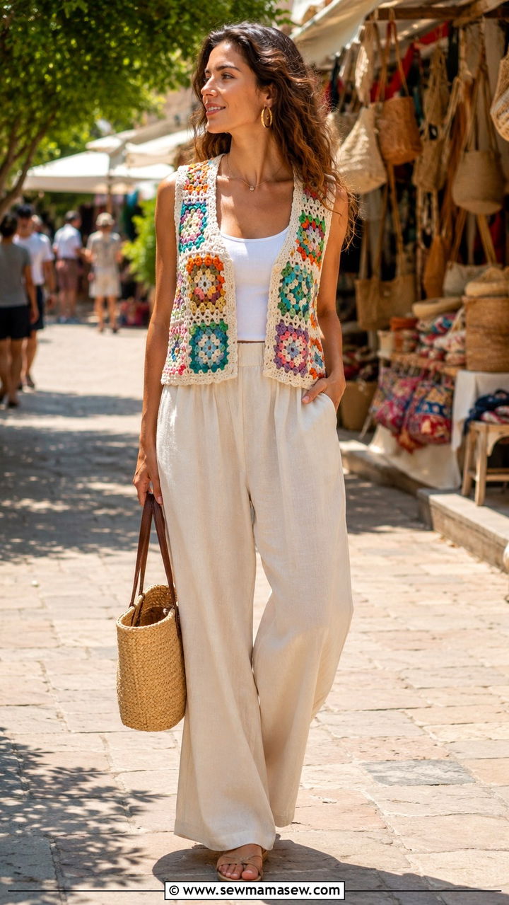Crochet vest with wide leg trousers and flat sandals - 30 Grandma chic outfit ideas