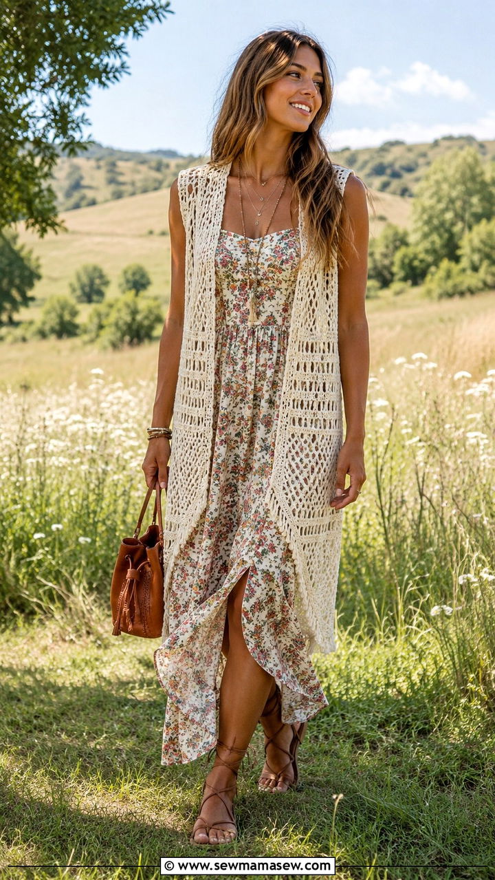Crochet waistcoat over sundress - 25 waistcoat vest outfit ideas for women