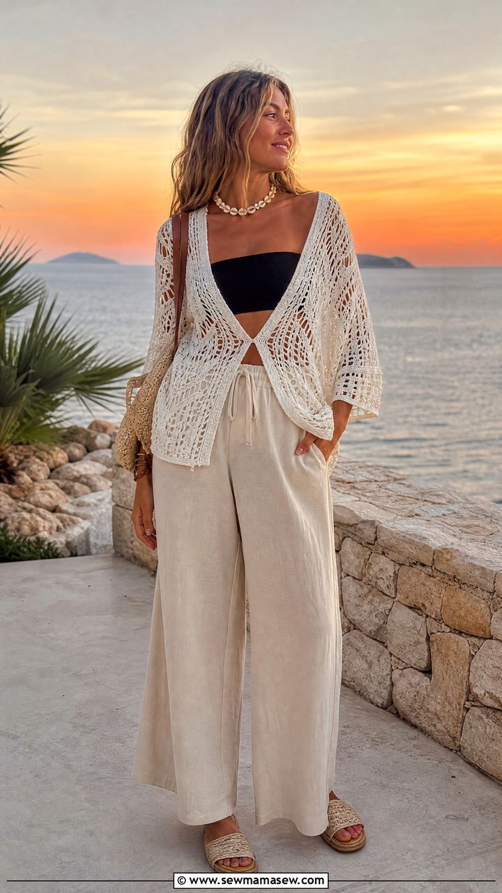Crocheted Cover Up Over A Bandeau And Wide Leg Pants - 35 June outfit ideas