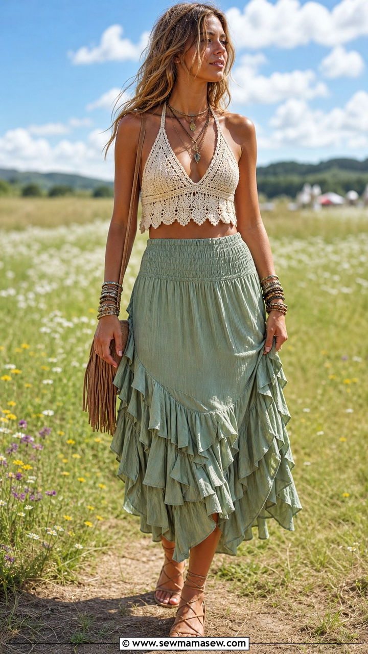 Crocheted Halter Top with Tiered Ruffled Skirt - 40 Bohemian outfit ideas