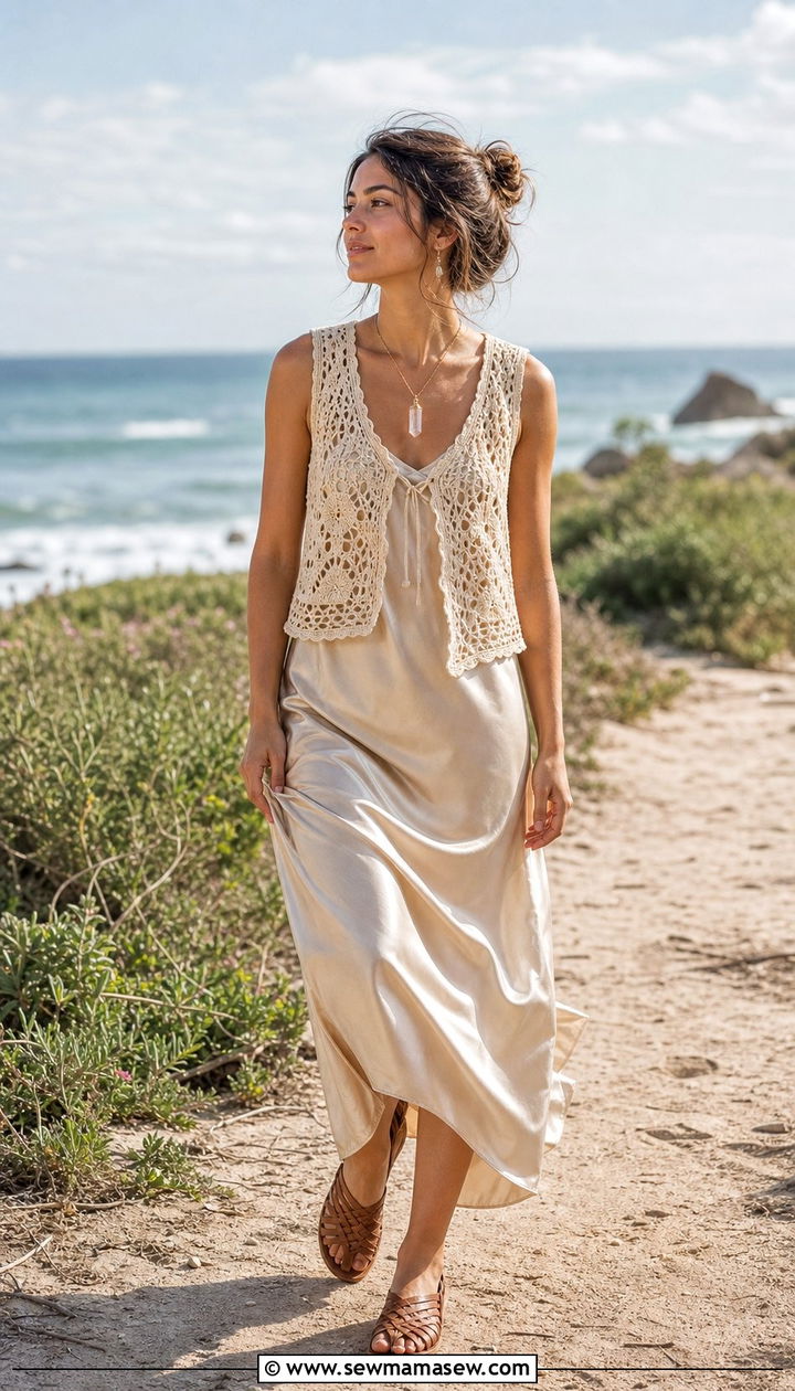 Crocheted Vest Over Slip Dress With Woven Sandals - 25 summer fairycore outfit ideas