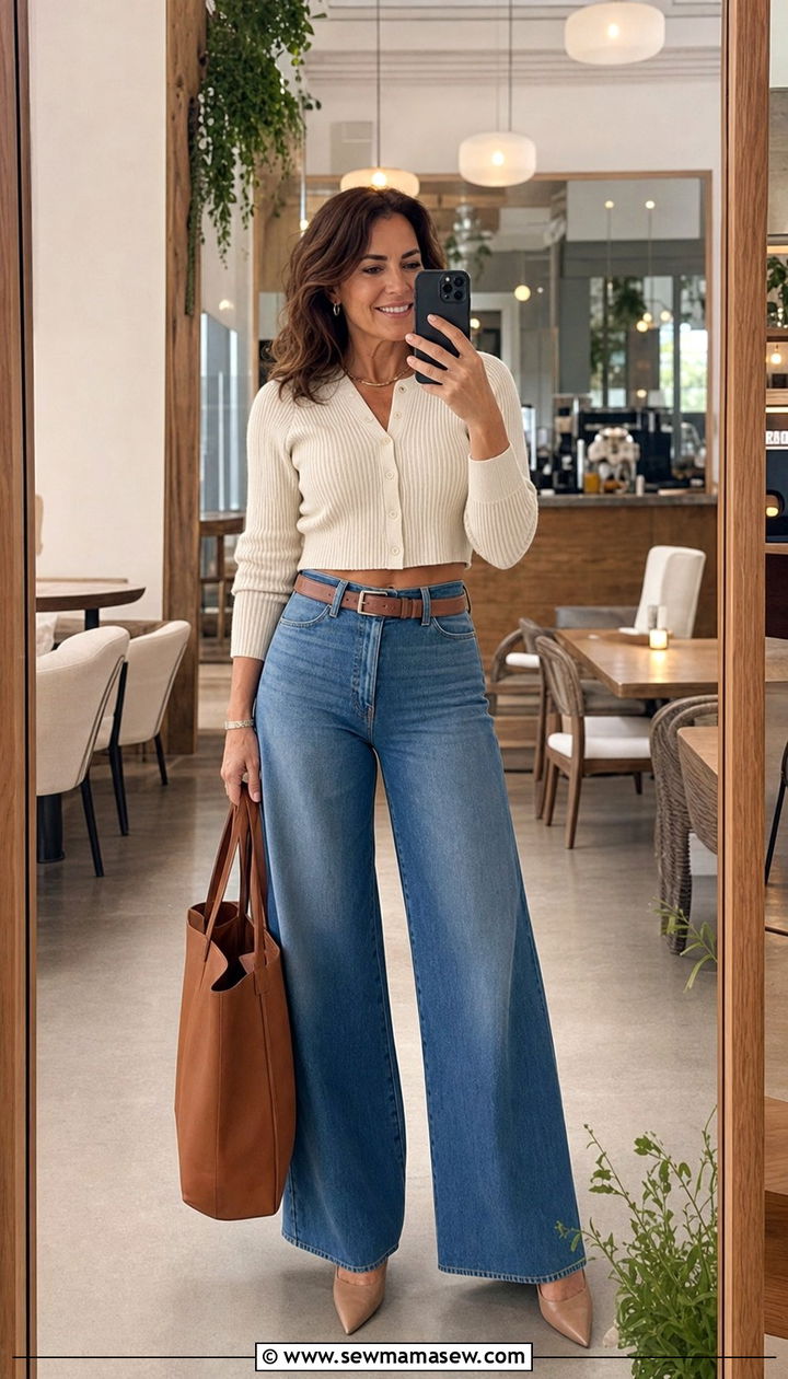 Crop Cardigan with Wide Leg Jeans - 35 Brunch outfits for women over 40