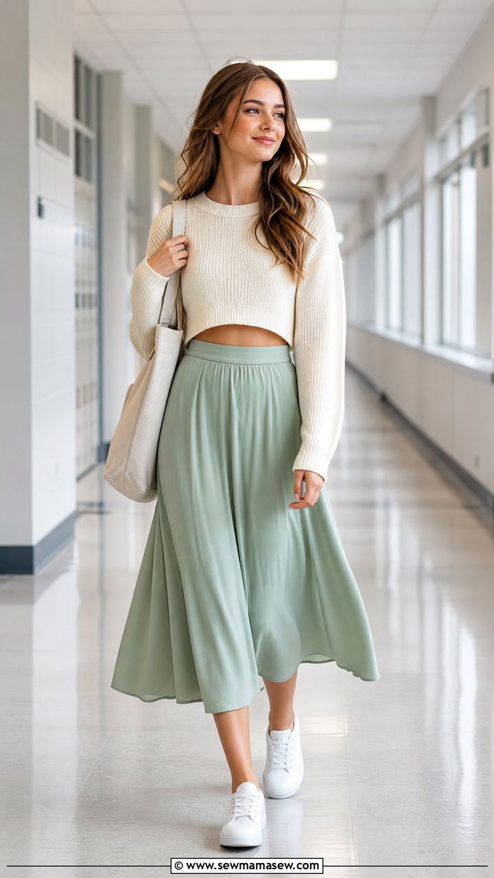 Crop Sweater with Flowy Skirt School Outfit - 30 Summer outfits for school