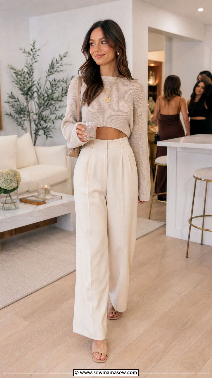 Crop Sweater with High Waisted Wide Leg Trousers House Party - 35 House party outfit ideas