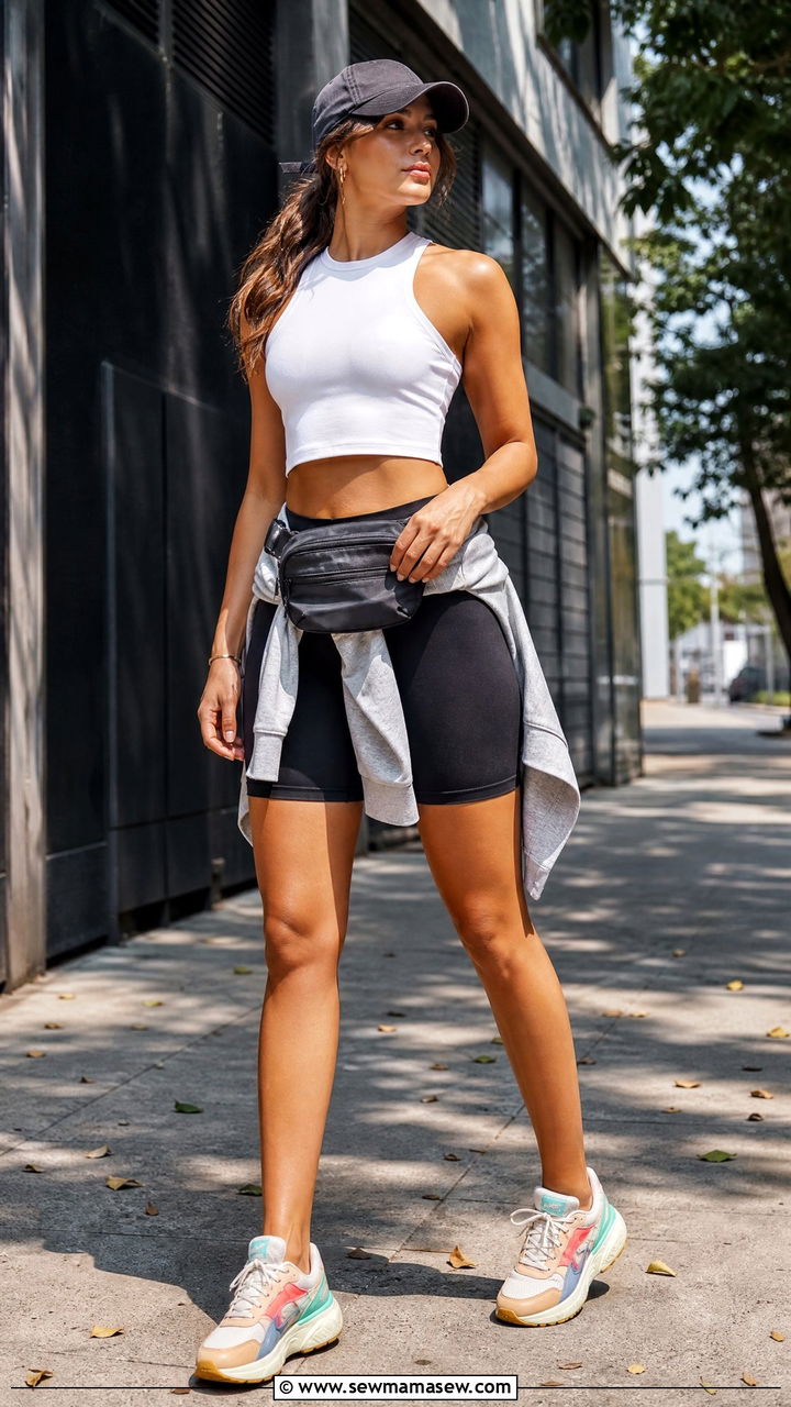 Crop Tank Top and Biker Shorts With Sneakers - 35 Biker shorts outfit ideas