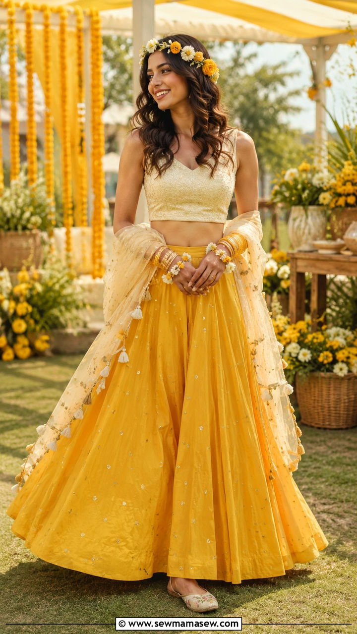 Crop Top And Flared Skirt With Floral Crown - 20 Wedding guest outfit ideas Haldi ceremony