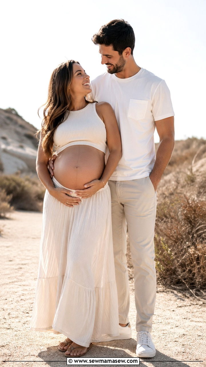 Crop Top And High Waist Skirt Bump Baring Look - 20 Baby announcement photo outfit ideas