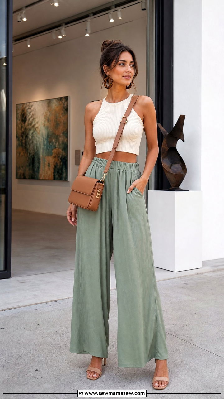 Crop Top And Wide Leg Pants With Crossbody Bag - 30 Summer outfits with crossbody bags