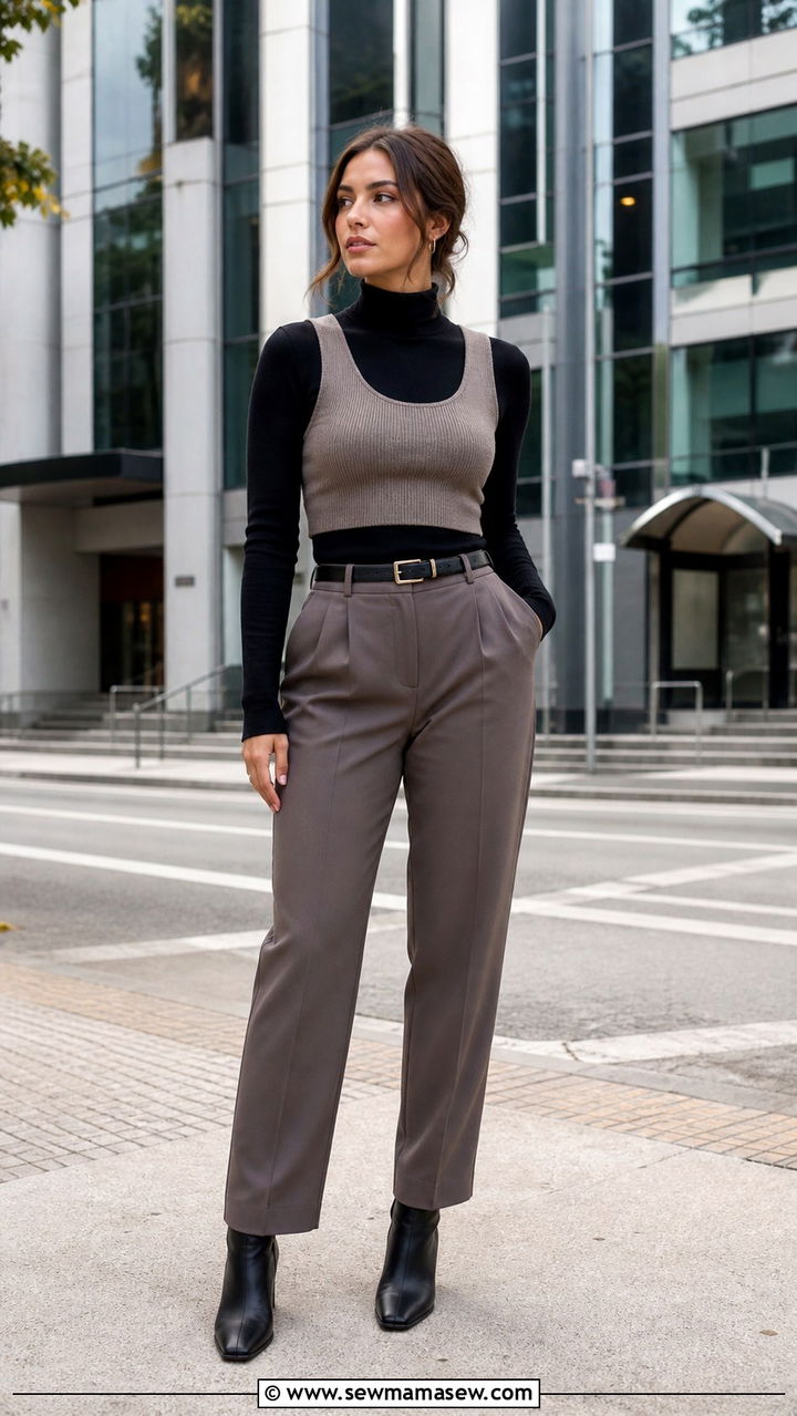Crop Top Layered Over A Turtleneck With Trousers - 40 casual crop top outfits