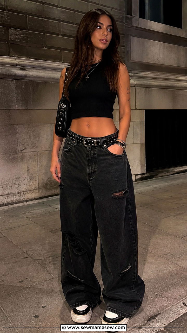 Crop Top Wide Leg Jeans Studded Belt - 40 Grunge outfit ideas