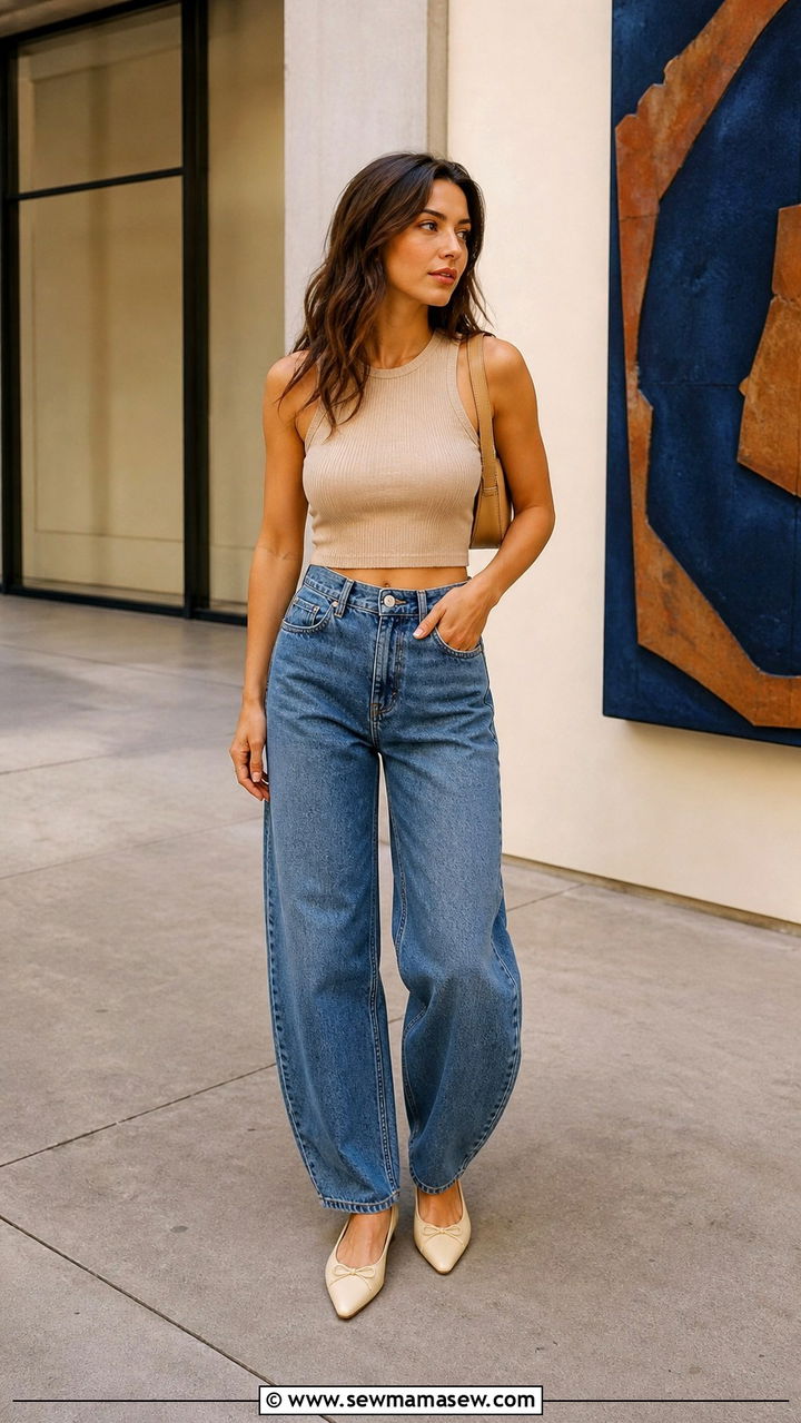 Crop Top With Barrel Leg Jeans And Pointed Flats - 40 casual crop top outfits