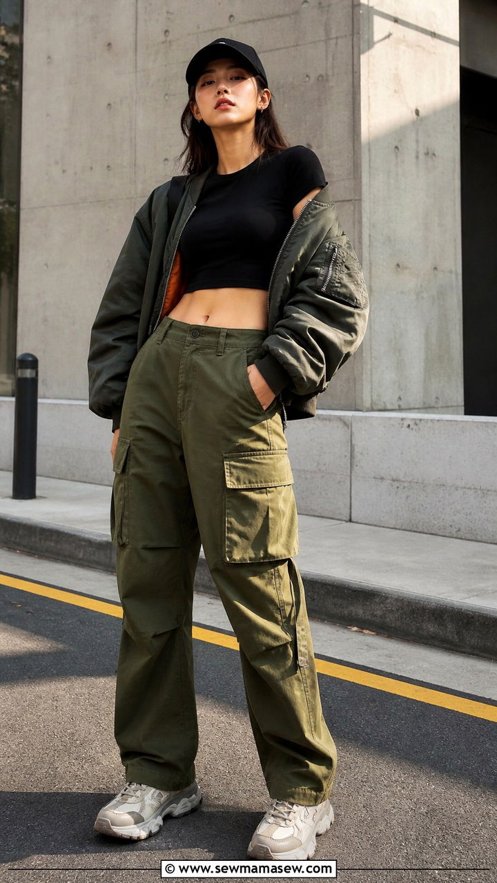 Crop Top With Cargo Pants and an Oversized Jacket - 40 Korean outfit ideas