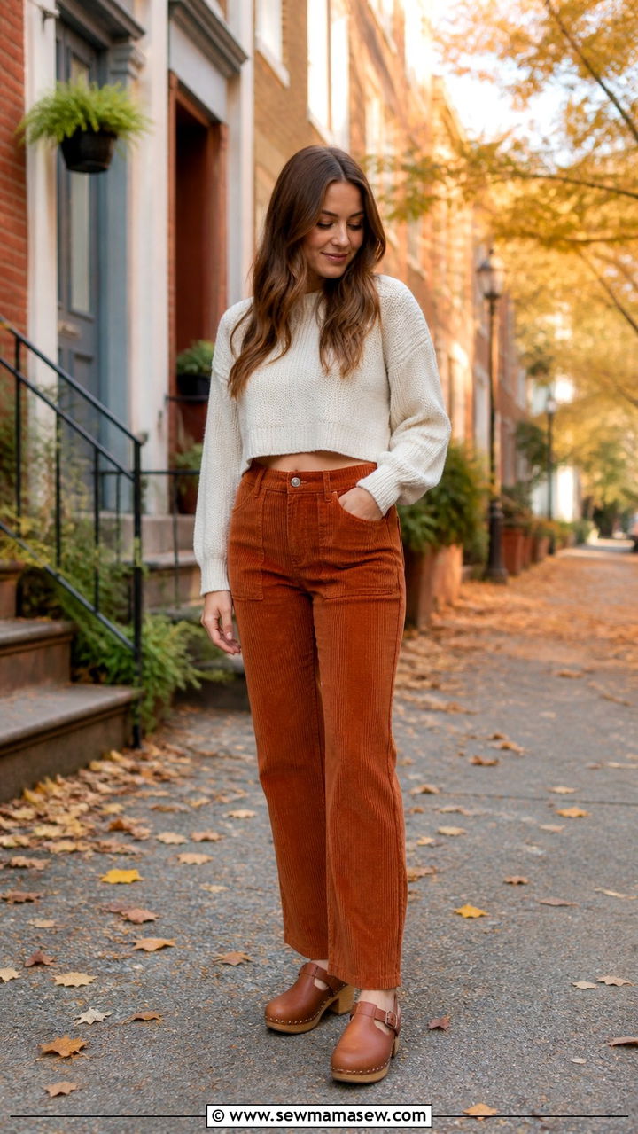 Crop Top With Corduroy Pants And Clogs - 40 casual crop top outfits